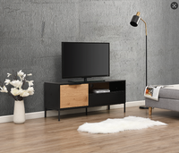 Meuble TV moderne haut de gamme en MDF grain de bois (noir/chêne sauvage) avec pieds en tuyau de fer, rangement et assemblage facile pour salon
