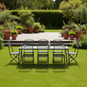 Set da Pranzo da Giardino Pieghevole in Metallo Antracite a 9 Pezzi, Arredamento da Esterno in Stile Contemporaneo - Product Image 2