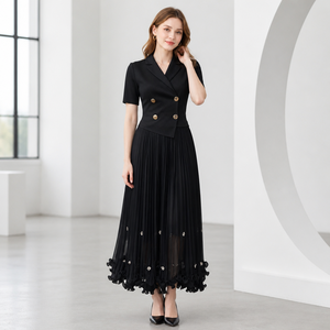 Vestido de Mujer de Buena Calidad, Estilo Blazer de Manga Corta, Doble Botonadura, con Volantes en el Bajo, Vestido Plisado Miyake para Verano - Product Image 3