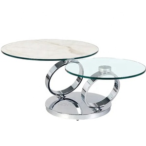 Italian Minimalism Marble Pattern Slab <strong>Tile</strong> Extendable Round Swivel Tempered Glass <strong>Coffee</strong> <strong>Table</strong> for Living Room Home Furniture - Product Image 5