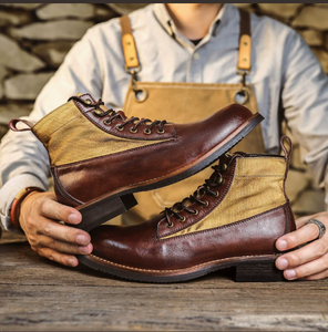 Men's <b>Vintage</b> Split Cowhide Leather <b>Boots</b> Round Toe Lace Up Work Combat Motorcycle <b>Boots</b> Fleece Lined Winter Ankle <b>Boots</b> British - Product Image 3