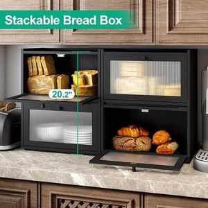 Caja de pan grande, rectangular, negra, para almacenamiento en la cocina, con puerta de vidrio y tapa de bambú. - Product Image 3