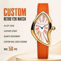 Montre Y2K personnalisée avec logo, bracelet en cuir, montre-bracelet à quartz irrégulière pour femme, montre de mode OEM pour femme, vente en gros, faible MOQ 50 pièces