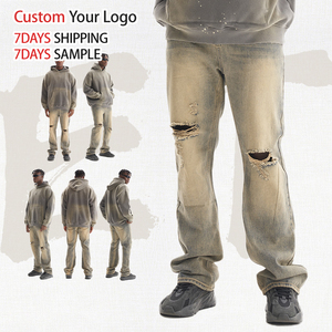 Jeans en denim vintage déchirés et délavés pour hommes, coupe ample, taille mi-haute, style streetwear décontracté, qualité supérieure, vente en gros - Product Image 3