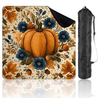 Tapis de mahjong carré antidérapant à motif floral bleu et citrouille d'automne avec sac de rangement