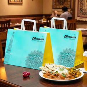 Custom Printed Logo Eco-Friendly Disposable Recyclable Biodegradable Kraft Paper <b>Bags</b> Flat Handles for Indian Cuisine Restaurant - Product Image 4