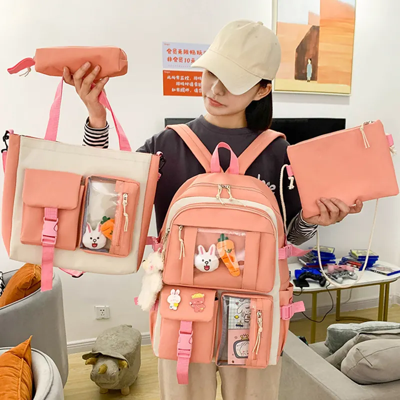 4 Pcs Set Women Laptop Backpack Canvas Girls Kawaii College Student Kids Rucksack School Bags For Teenage