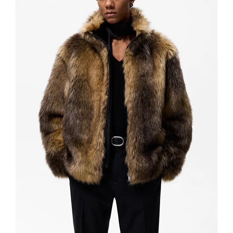 Winter custom logo heavyweight zip up plus size high neck side pocket men designer faux fur jacket