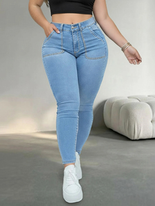Jeans de mezclilla elásticos de cintura alta ajustados de talla grande para mujer, pantalones casuales de primavera con bolsillos con cremallera y botones, estilo urbano. - Product Image 2