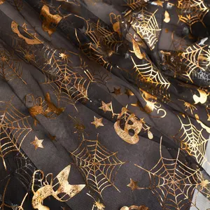 Gros Or Visage De la Citrouille Araignée Net Chats Feuille Maille Tulle Tissu Brillant Halloween D'ameublement Tulle