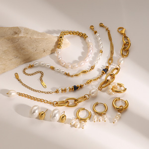 Conjunto de Pendientes y Pulsera, Pulseras de Perlas Blancas, Pendientes de Aro Dorados Vintage Franceses, Conjuntos de Joyería de Moda al por Mayor ALN25121662 - Product Image 4