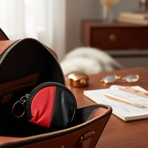 Portafoglio Rotondo Angelina De Paris Rosso Nero in Vera Pelle con Portachiavi e Portamonete Portatile con Chiusura a Cerniera - Product Image 3