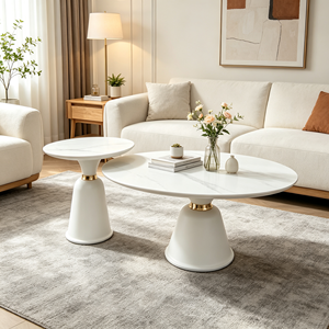 Ensemble de tables basses gigognes modernes avec accents or blanc, plateau en marbre, piédestal conique, style luxe léger, pour salon et hôtel - Product Image 5