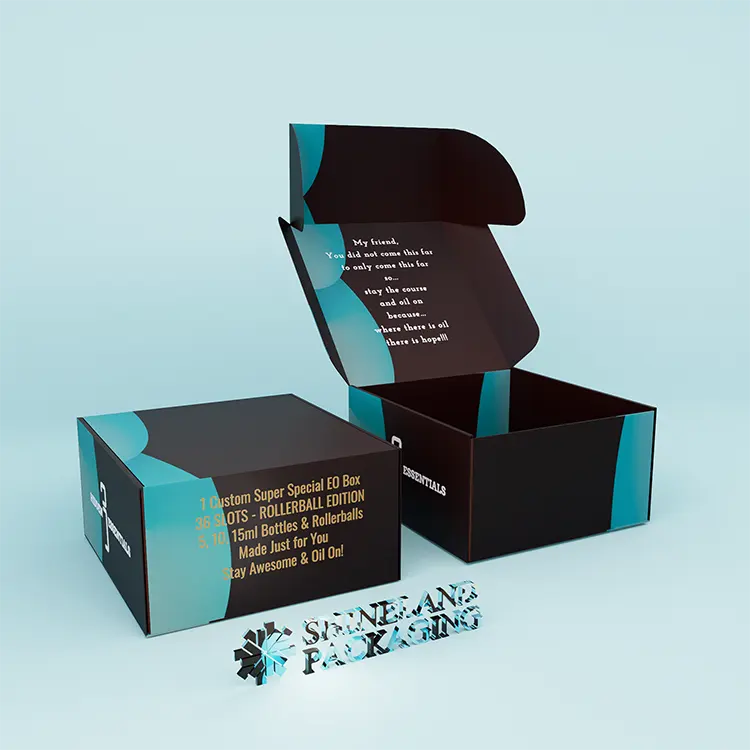 Impresión personalizada de lámina dorada y logotipo UV, caja de cartón negra con solapa, embalaje de cartón corrugado