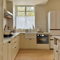 Meubles de cuisine modulaires en MDF multicouche avec finition peinture stratifiée effet marbre blanc pur, bordure étanche, style moderne français