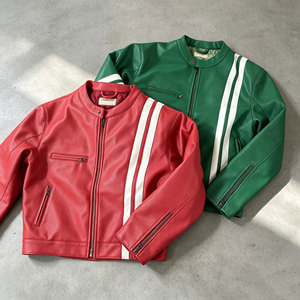 Chaqueta de cuero personalizada para <span class=keywords><strong>hombre</strong></span> al por mayor, de piel sintética PU, con cuello redondo y cremallera, estilo motero corto, abrigo informal para ropa de calle. - Product Image 2