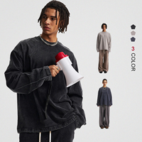 T-shirt à manches longues en patchwork lavé, poids lourd 325 GSM, col rond surdimensionné, ourlet côtelé, 100% coton, pour homme