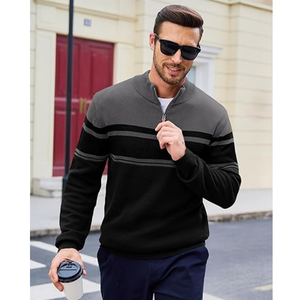 Pull à col montant mi-zippé pour homme, tricot chaud d'hiver, design rayé |   Haut décontracté pour homme pour temps froid - Product Image 3