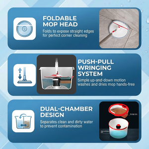 Ensemble serpillière et seau à double compartiment avec essorage automatique, brosse à rouleaux <span class=keywords><strong>en</strong></span> TPR, tête de serpillière pliable, essoreuse <span class=keywords><strong>en</strong></span> acier inoxydable - Product Image 2