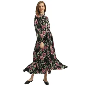 New Miyake Clothing Ladies Casual Style Floral Printed Dress For Women Elegant Pleated Dress