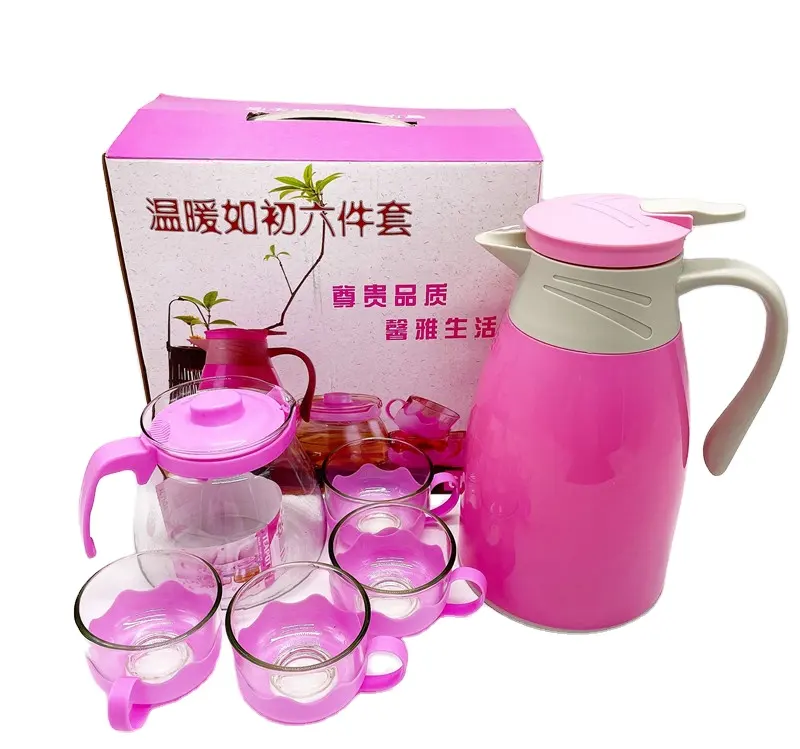 Pink Transparent Glass Tea Pot 6pcs Set Teapot Infuser Tea Coffee pot with 4 flower Cups