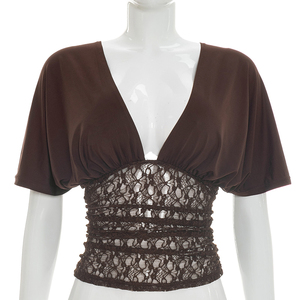 Viviblook J26TP196 Camiseta de Verano para Mujer, Nueva Camiseta con Escote en V Profundo, Manga Murciélago, Encaje y Parches, Estilo Casual para Damas - Product Image 1