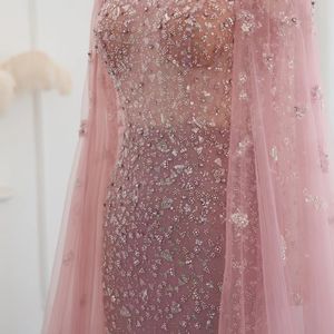 Gaun Malam Elegan Warna Peach Pink Model Duyung dengan Lengan Cape Berhias Manik-Manik untuk Pesta Prom Formal Gaya Arab SZ202-1 - Product Image 5