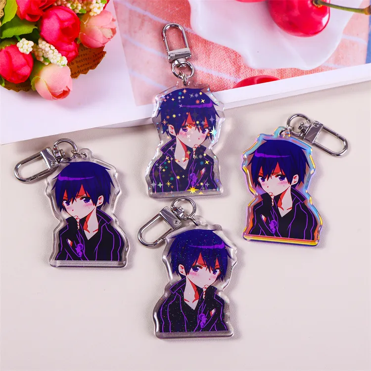 Double Side Uv Printing Plastic Glitter Epoxy Keychain Cartoon Anime Custom Shape Printed Acrylic Charms With Hologram