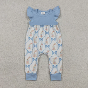 ชุดเดรสเด็กผู้หญิงสำหรับเทศกาลอีสเตอร์ แขนสั้น คอวี โบว์สีฟ้า ลายกระต่าย แต่งระบาย ทรงเอไลน์ ชุดรอมเปอร์ลำลองสำหรับเด็กวัยเตาะแตะ ขายส่ง - Product Image 3