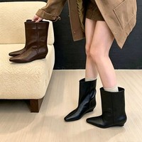 Bottes mi-mollet pour femmes, talon compensé dissimulé, bout pointu, en cuir, tige droite, fermeture éclair arrière, bottes d'équitation tendance, 2 couleurs