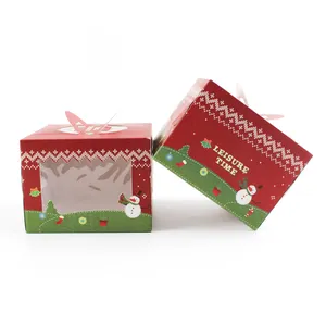 Kertas Karton Pola Natal Kustom Dapat Dilipat Tangan Kotak Hadiah Kue Cokelat Bakery Permen Portabel dengan Jendela