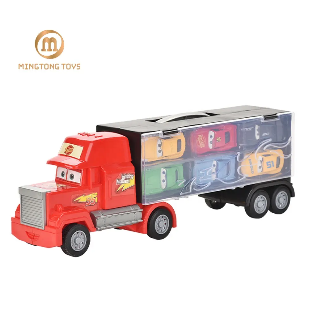 Kids portable 6 cartoon alloy cars model set vehicle sliding container toy truck for sale