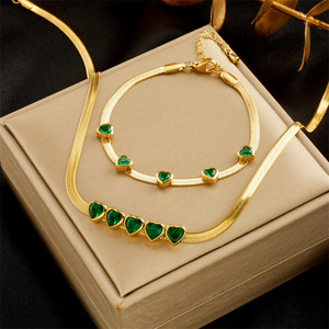 European American Minimalist Gold Tone Emerald Heart Zircon Necklace <b>Bracelet</b> <b>Set</b> For Gift Fashion Jewelry - Product Image 1