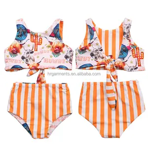 Hot Sale Baby 2 Pieces Swim Suit Kids Girls Reversible Swim Howdy Cow Striped Print Children Tie Up Bathing Suits