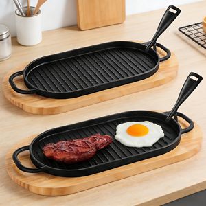 Plaque <span class=keywords><strong>rectangulaire</strong></span> multifonctionnelle en fonte antiadhésive avec base en bois - Product Image 6