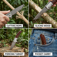 Couteau pliant Damas personnalisé avec logo, couteau tactique de poche pour l'extérieur, couteau utilitaire de camping, couteau à ouverture assistée, manche en bois DM038