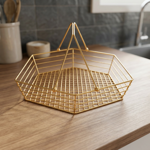 Cesta de Almacenamiento de Alambre de Acero Inoxidable Chapada en Oro, Forma Poligonal, Minimalista, Organizador de Cocina y Armario, Tipo Vertical, de un Solo Nivel - Product Image 1