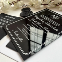 Ensemble d'invitations de mariage de luxe en acrylique transparent, suite RSVP personnalisée avec impression blanche et pochette moderne noire