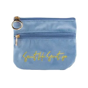 Velvet Customizable Embroidered Logo Cosmetic Make Up Pouch Bag With Zipper Coin Purse