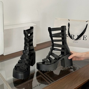 Sandales punk mi-mollet pour femmes, bottes à semelle épaisse avec fermeture éclair métallique élégante - Product Image 5