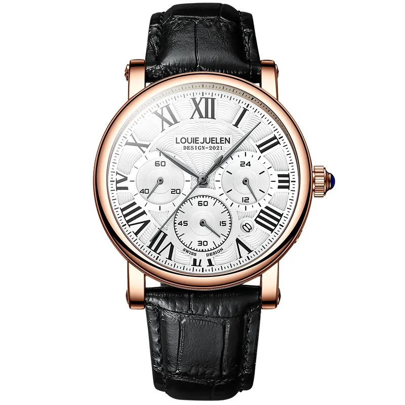In stock wristwatch 3ATM Waterproof Sapphire Mens Black Genuine Leather Quartz Wrist Stainless Steel Watch