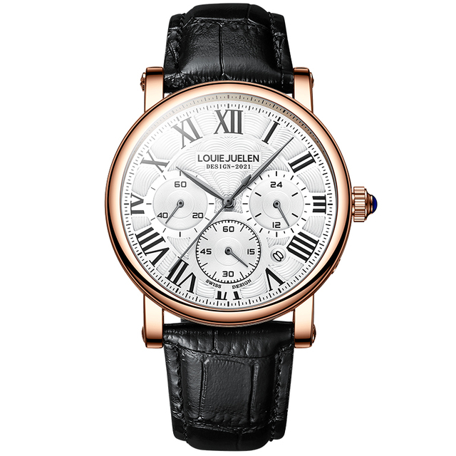 In Stock Wristwatch 3ATM Waterproof Sapphire Mens Black Genuine Leather Quartz Wrist Stainless Steel Watch