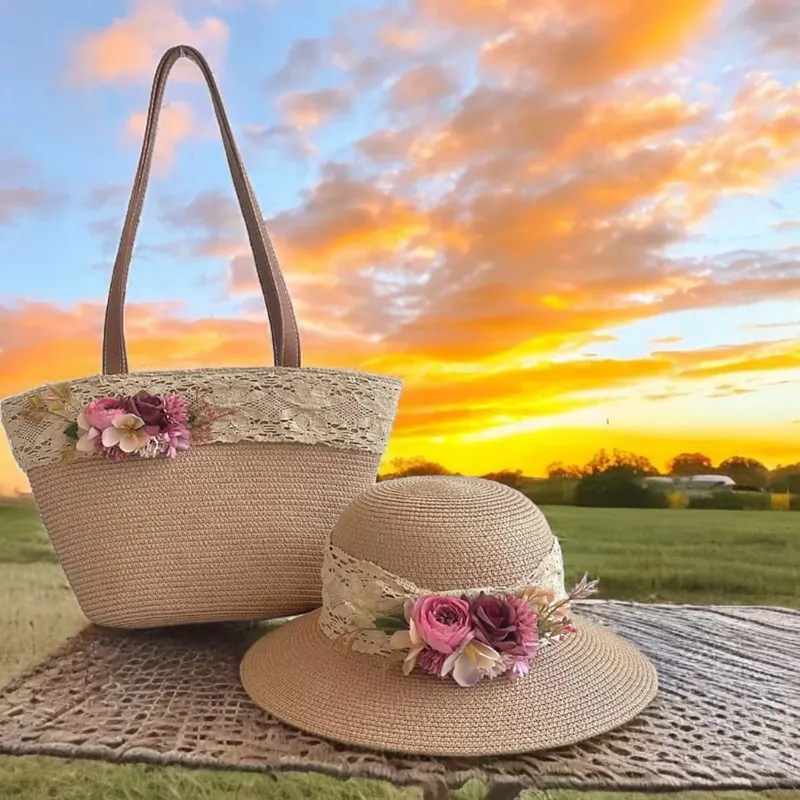 Grosir topi Bohemian dan tas Set topi pelindung matahari topi anyaman jerami musim panas tas Tote keranjang wanita dengan renda pita