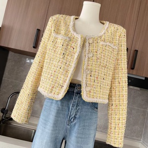 Primavera e autunno nuovo piccolo <span class=keywords><strong>cappotto</strong></span> profumato <span class=keywords><strong>giallo</strong></span> per il senso avanzato delle donne squisito Mini Top corto in stile francese - Product Image 5