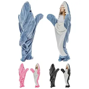 Couverture TV de requin en flanelle douce personnalisée pour l'hiver Couverture de sac de couchage de requin à capuche Costume de requin pour adultes Femmes Hommes Cadeaux
