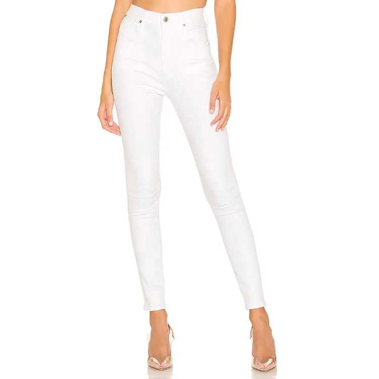 Оптовая продажа, индивидуальный дизайн, белые обтягивающие джинсовые брюки с высокой талией для женщин