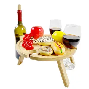批发可折叠餐桌可折叠托盘梅萨多布拉维尔竹制圆形可折叠葡萄酒野餐桌，适用于室内和室外