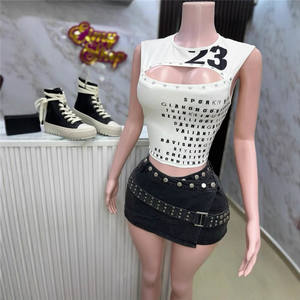 Letter Print Skinny Vest Women O-Neck Off Shoulder Sexy Hollow <strong>Cleavage</strong> Hot Girls Fashion Street Wild Style Skinny <strong>Tops</strong> - Product Image 4