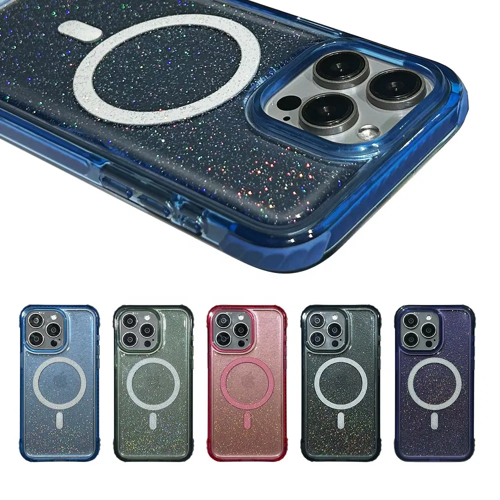 2023 New Custom Phone Case Fabricação Transparente Glitter Shockproof Magnetic Phone Case Para iPhone 15 Pro Max Case iPhone 15