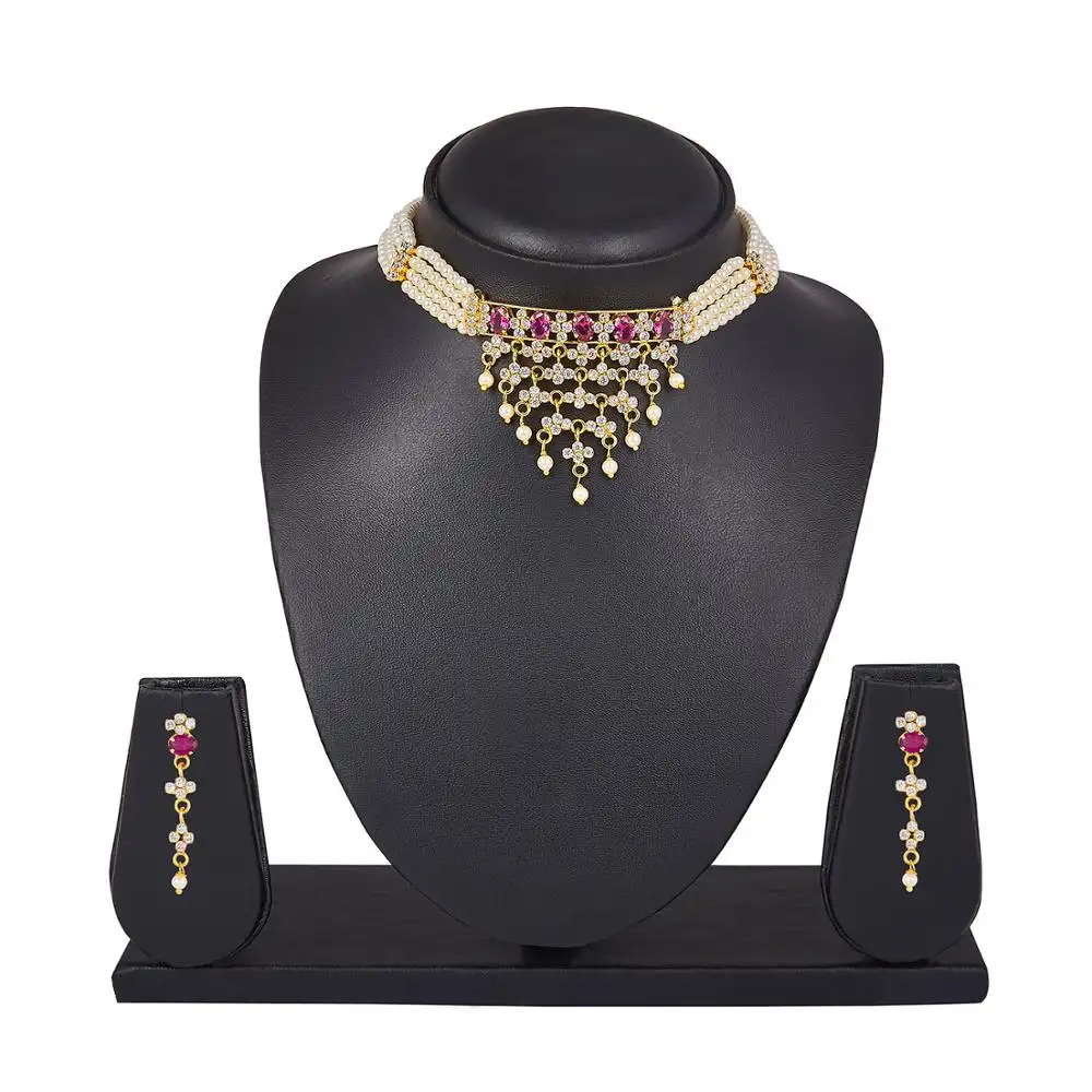 Fashion jewellery gold plated designer pearl pink and white stone necklace set with earrings for women and girls